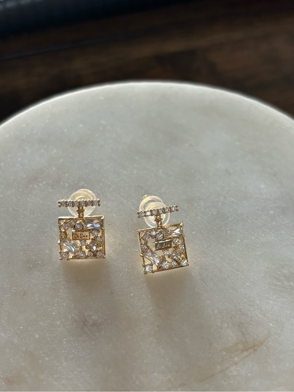 Gold Square Perfume Bottle Crystal Drop Earrings - Women's Jewelry
